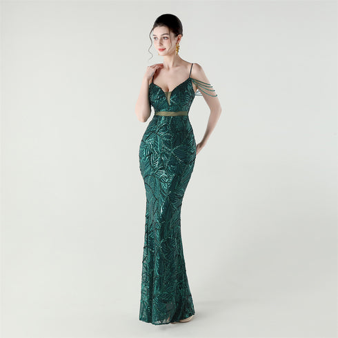 Graceful Sequin Embellished Mesh Mermaid Maxi Dress